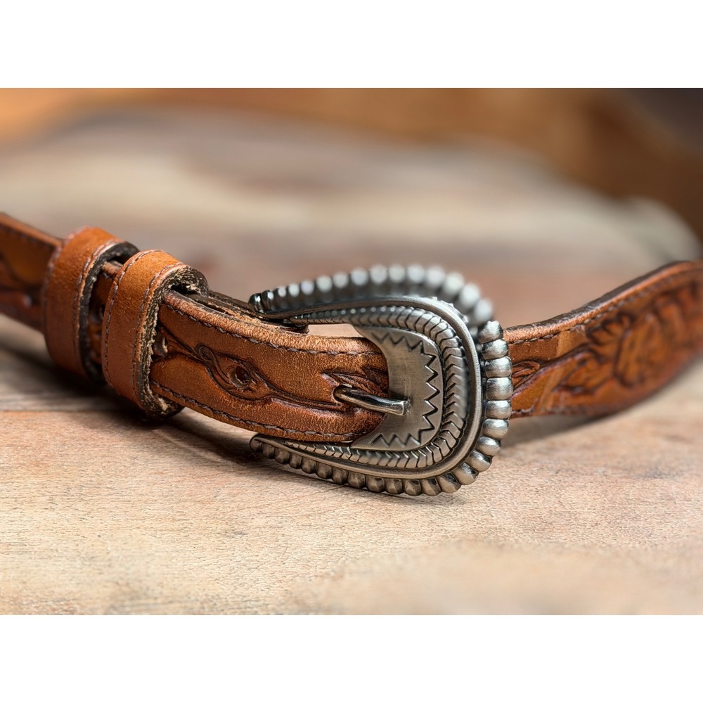 Vintage Leegin Brown Leather Rose Tooled Western Belt Floral Cowgirl Sm 28